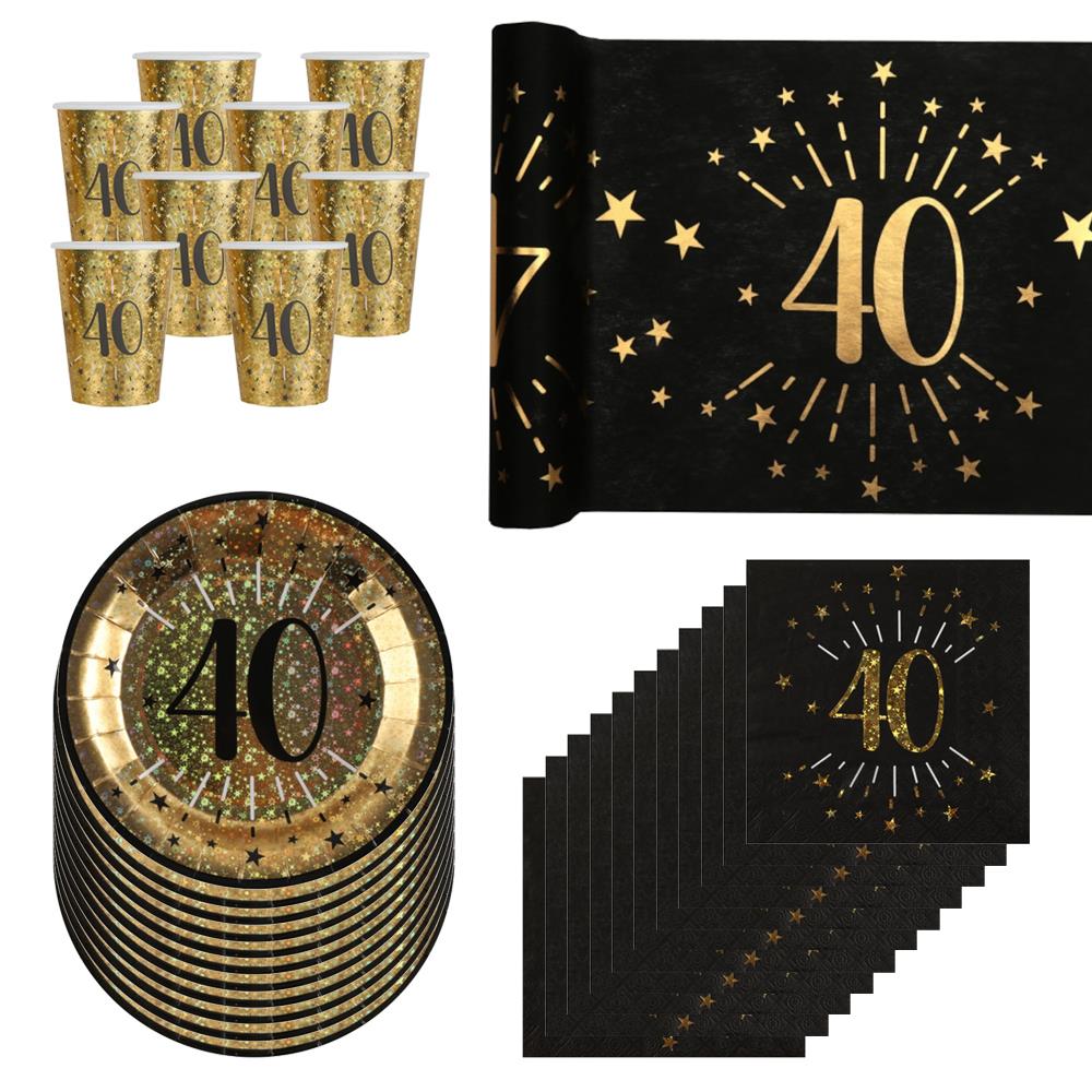 black-and-gold-age-40-party-pack-cups-plates-and-napkins|LLBLCKGOLD40PP2|Luck and Luck| 1