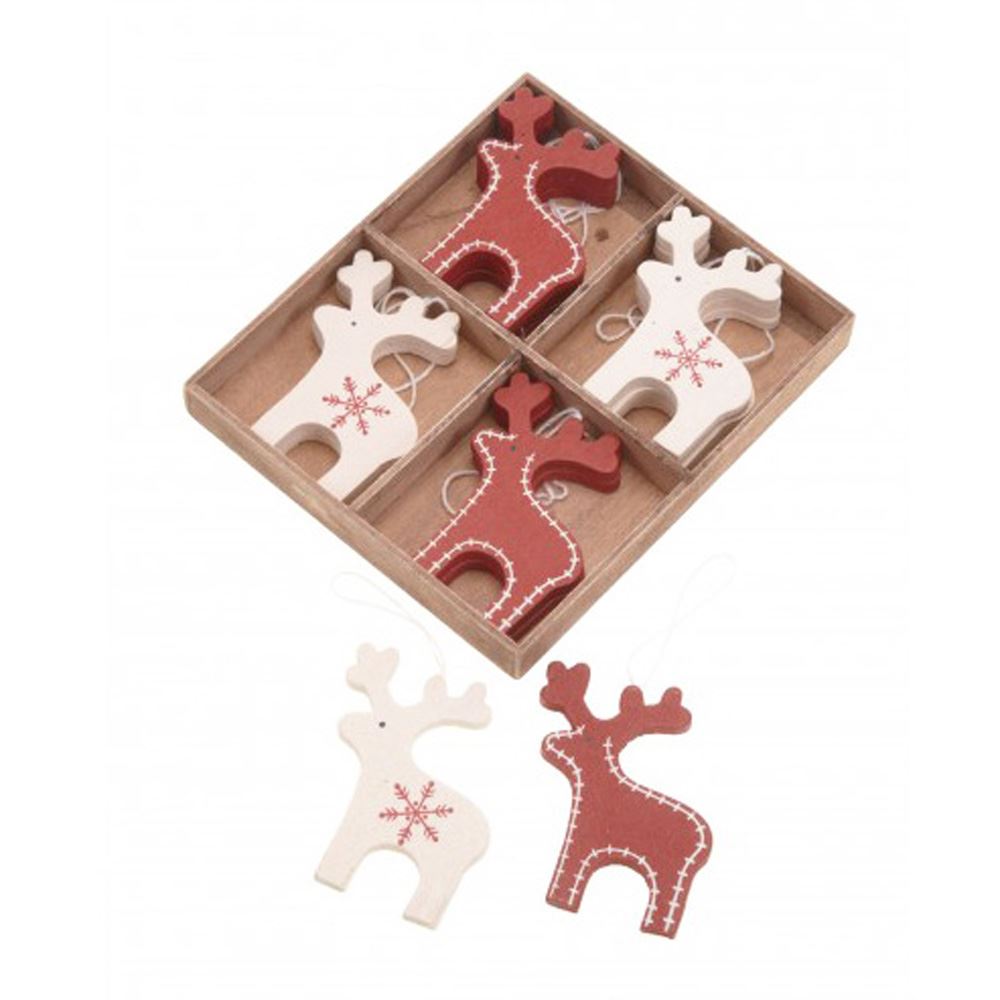 christmas-reindeer-tree-decorations-x-12-wooden-red-and-cream-deer|XX510|Luck and Luck| 3