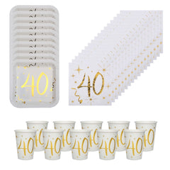 white-and-gold-40th-party-pack-with-plates-napkins-and-cups|LLGOLD40PP|Luck and Luck| 1