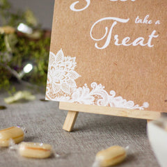 rustic-wedding-love-is-sweet-take-a-treat-brown-card-with-white-lace-design|LLSTWLACELIS|Luck and Luck|2