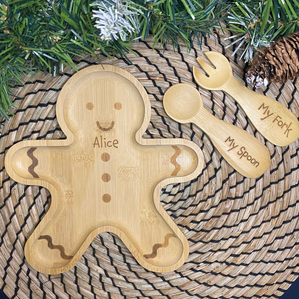 personalised-gingerbread-man-bamboo-childrens-plate-spoon-and-fork-set|LLWWJQYXM007SF|Luck and Luck| 1