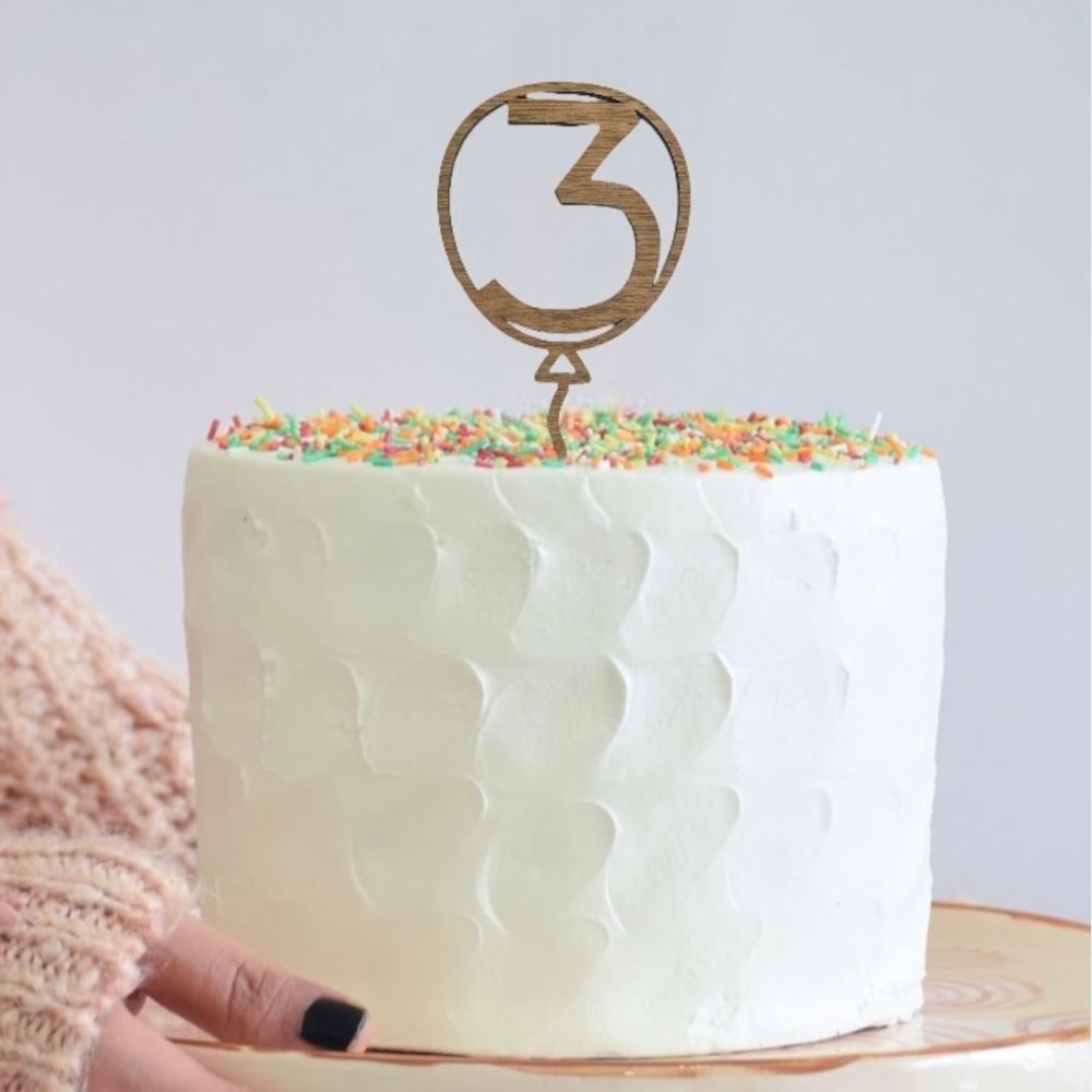 oak-veneer-number-3-balloon-birthday-cake-topper|LLWWBALLOON3CTO|Luck and Luck| 1