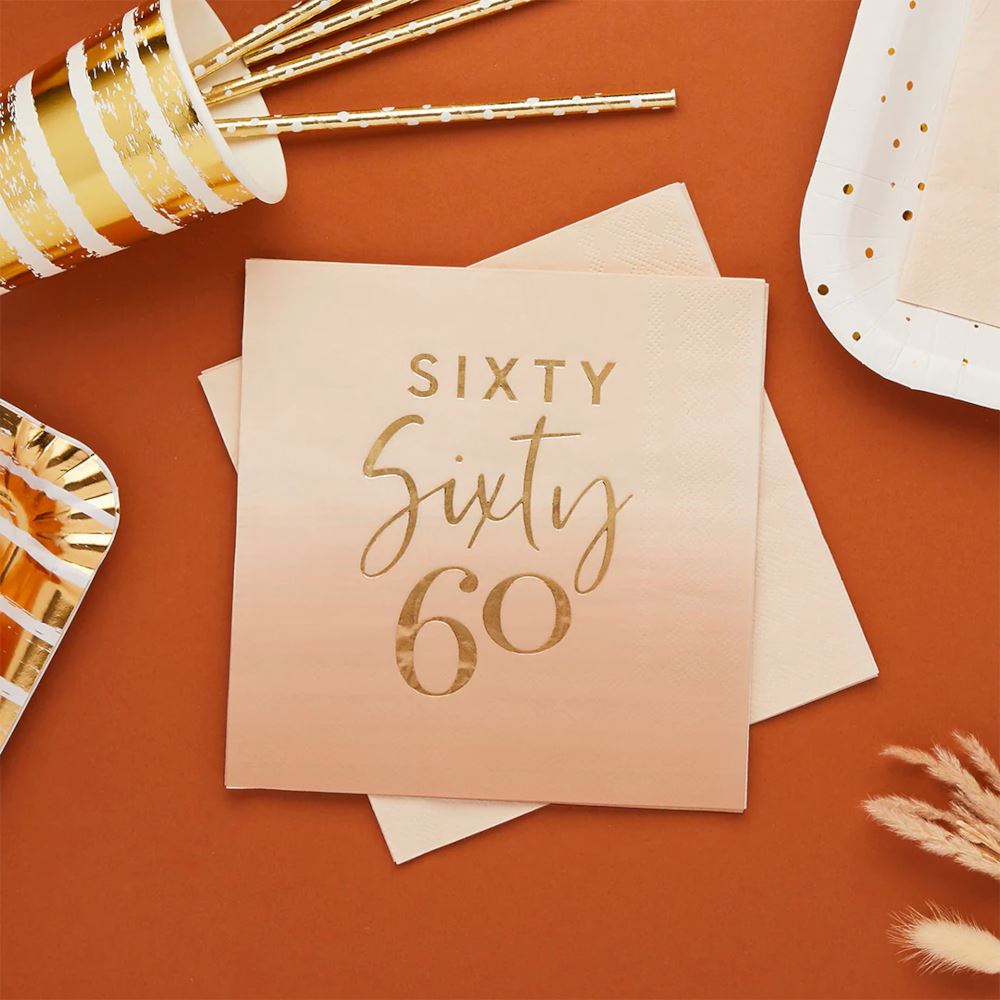 gold-foil-sixty-60th-birthday-peach-ombre-napkins-x-16|HBMB114|Luck and Luck| 1
