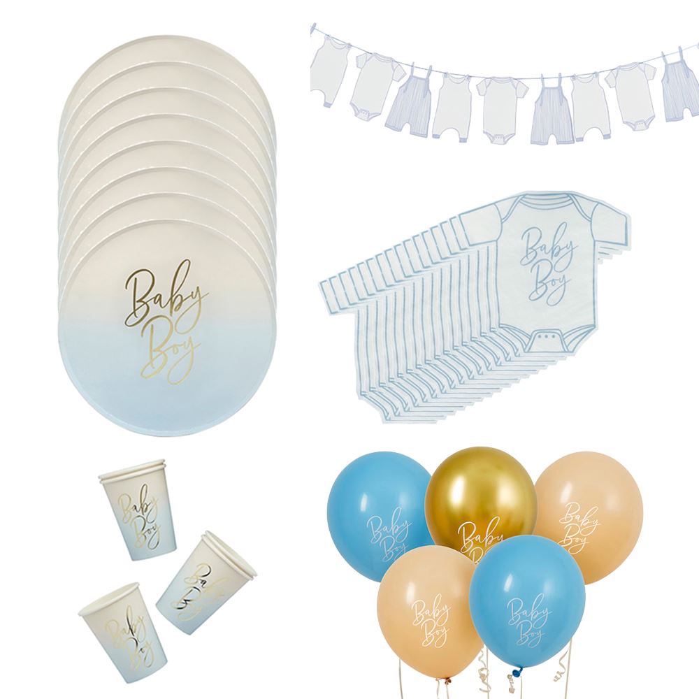 baby-boy-deluxe-party-pack-paper-plates-napkins-cups-balloons-bunting|LLBABYBOYPP2|Luck and Luck| 1