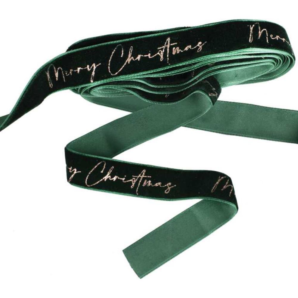 green-velvet-merry-christmas-ribbon-6m|VEL-126|Luck and Luck|2