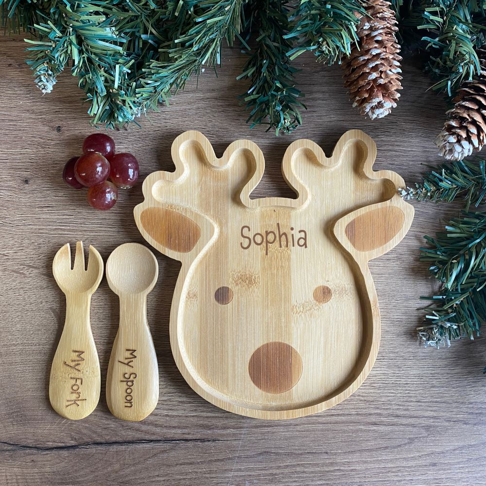 personalised-reindeer-bamboo-childrens-plate-spoon-fork|LLWWJQYXM001SF|Luck and Luck| 1