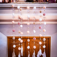 hanging-pink-brown-and-white-pom-pom-backdrop-home-decor|82020|Luck and Luck| 1