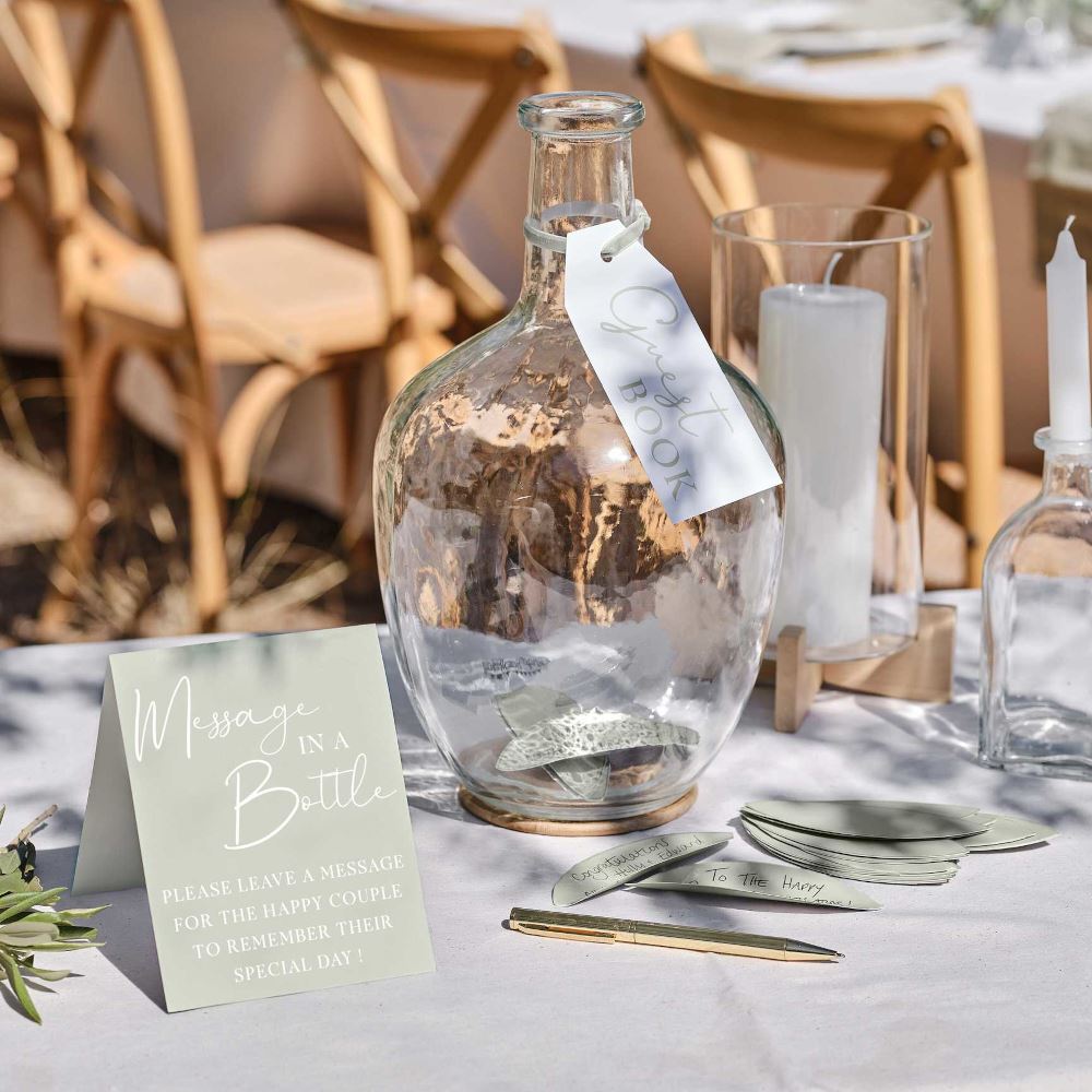 alternative-wedding-guest-book-glass-vase-with-sage-green-leaf-notes|SW-835|Luck and Luck| 1