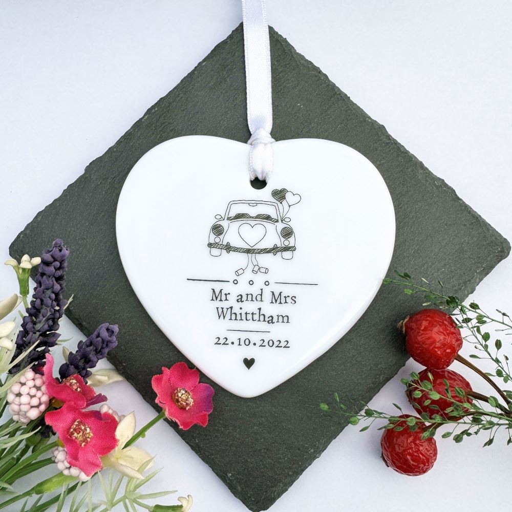 personalised-porcelain-hanging-heart-wedding-car-keepsake-gift|LLUVPORWED1|Luck and Luck| 1