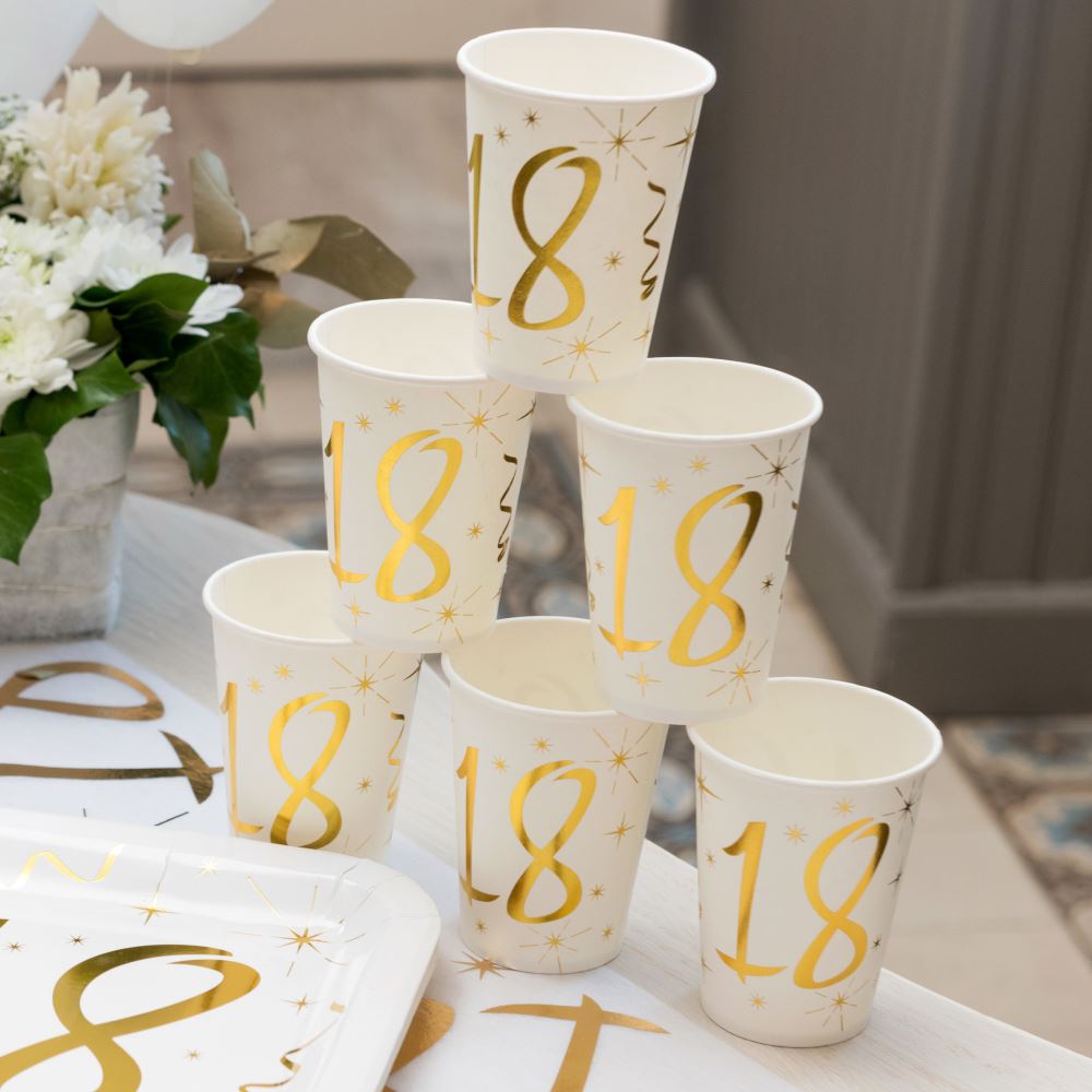 age-18-white-and-gold-paper-party-cups-x-10-18th-birthday|615700000018|Luck and Luck| 1
