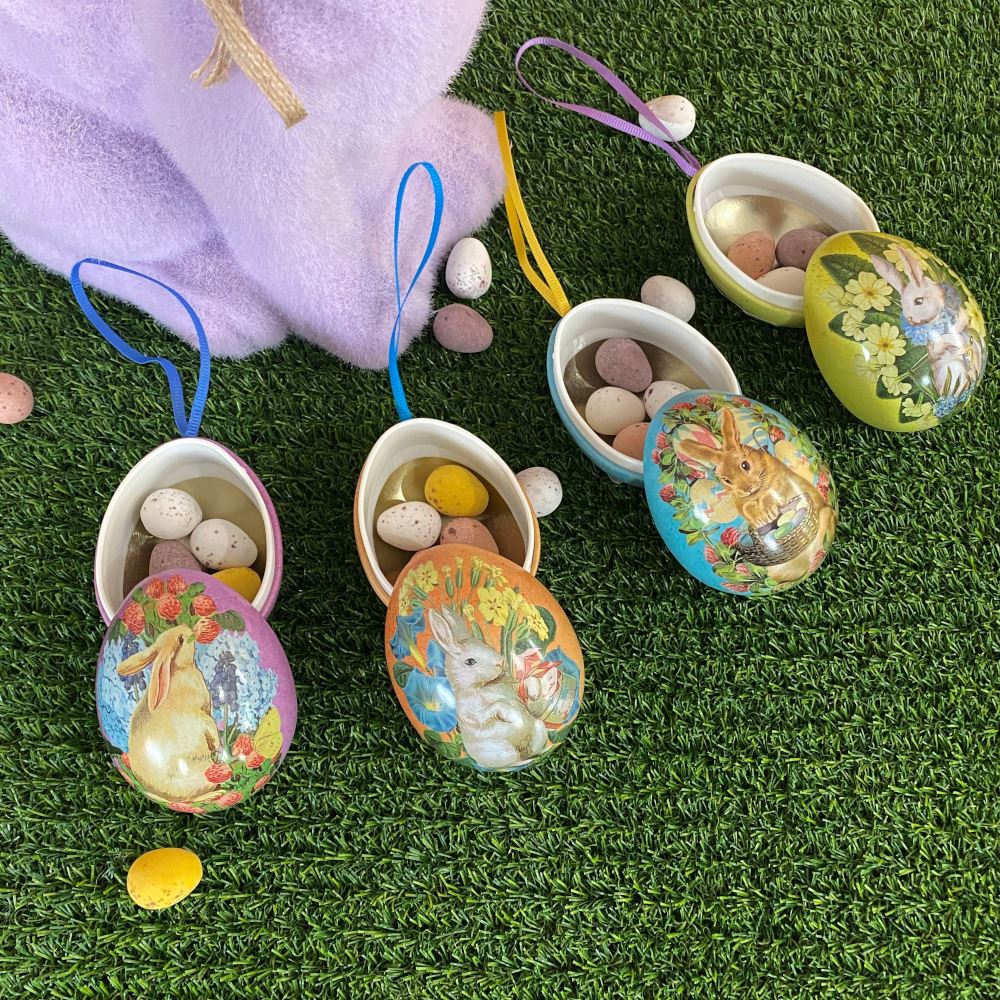 vintage-style-rabbit-small-hanging-easter-egg-tins-x-4-fill-your-own|MT3390|Luck and Luck|2