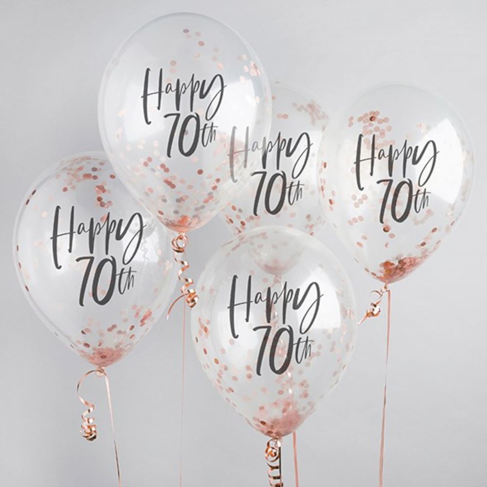 happy-70th-rose-gold-confetti-balloons-5-pack|HBMM222|Luck and Luck| 1