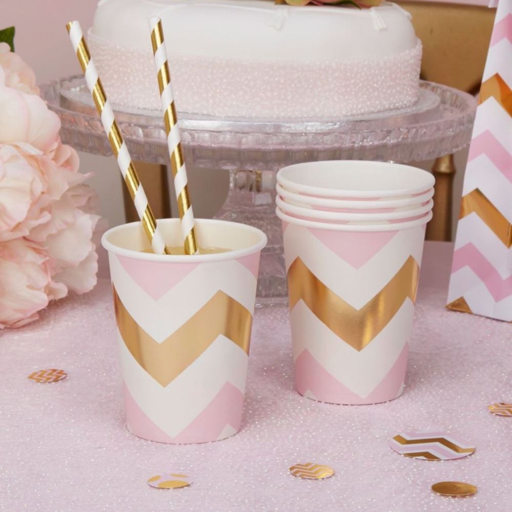 pink-white-and-gold-chevron-party-paper-cups-x-8-tableware-christening|71648|Luck and Luck| 1