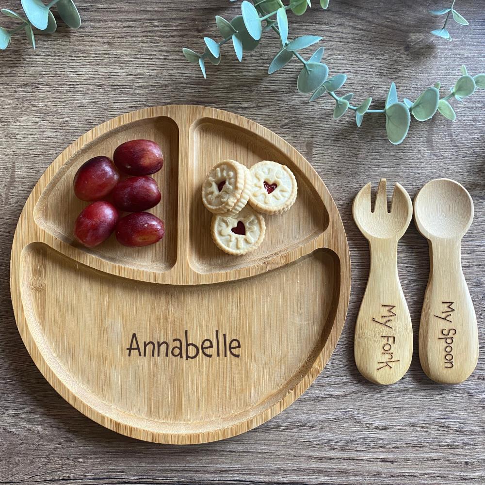 personalised-bamboo-childrens-section-plate-spoon-and-fork|LLWWJQY033SF|Luck and Luck| 1