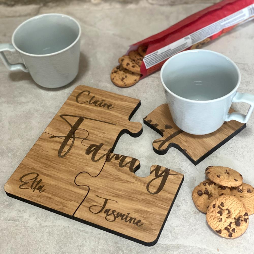 wooden-oak-personalised-family-jigsaw-coasters-gift-set-of-4|LLWWJIGSAWFAMCOASTER|Luck and Luck| 1