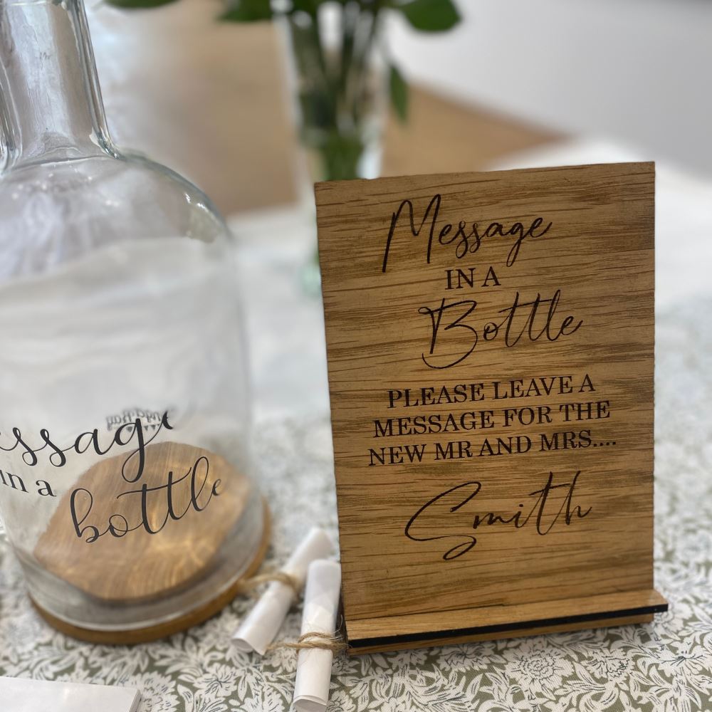 message-in-a-bottle-wedding-guest-book-with-personalised-wooden-sign|LLWWBRA315P|Luck and Luck|2
