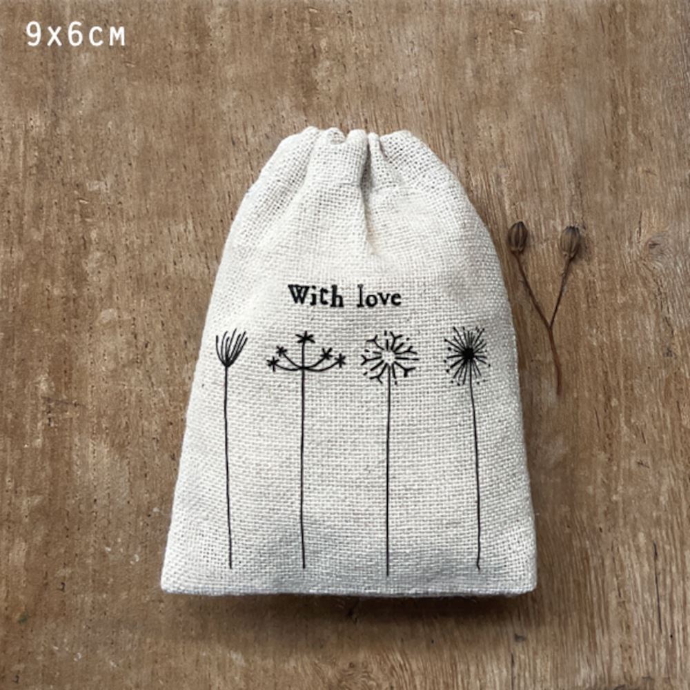 east-of-india-small-rustic-drawstring-cotton-gift-bag-with-love|1681|Luck and Luck| 1