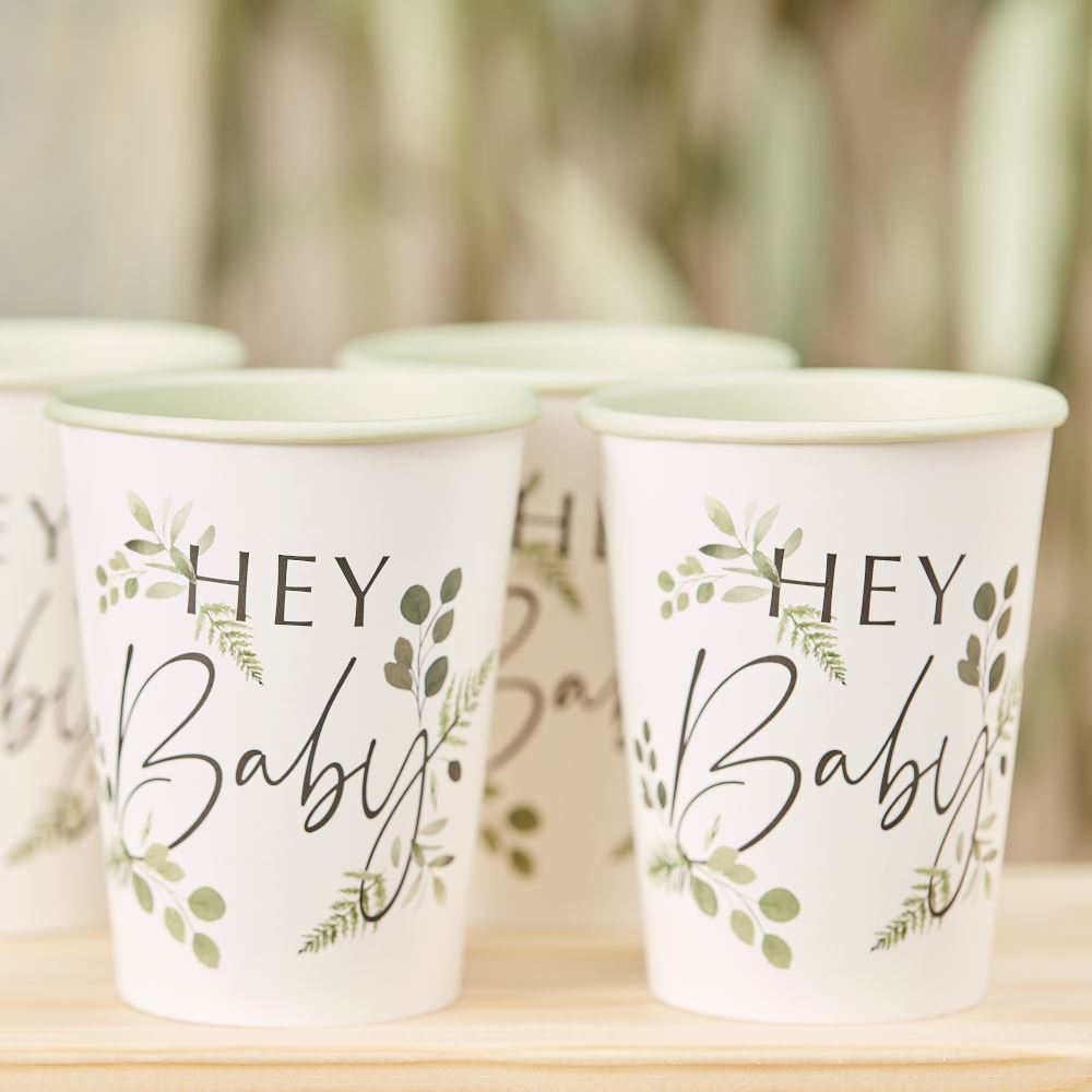 botanical-hey-baby-shower-paper-party-cups-x-8|BAB120|Luck and Luck| 1