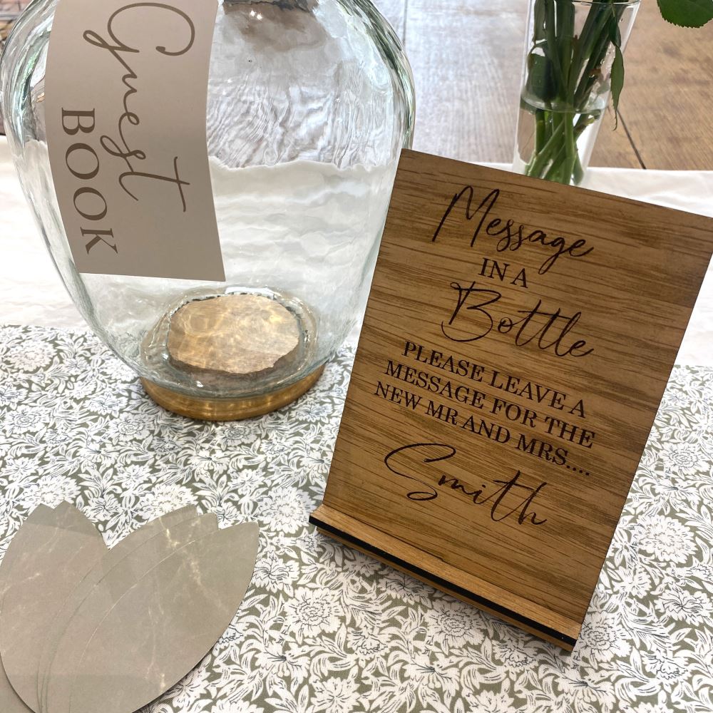 alternative-guest-book-vase-with-leaf-notes-personalised-wood-sign|LLWWSW835P|Luck and Luck|2