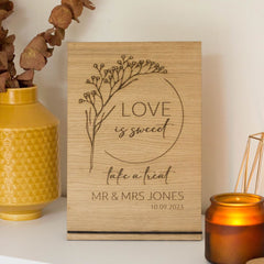 personalised-oak-veneer-wreath-wooden-sign-love-is-sweet-wedding|LLWWSTMWREATHLISNAMEO|Luck and Luck| 1