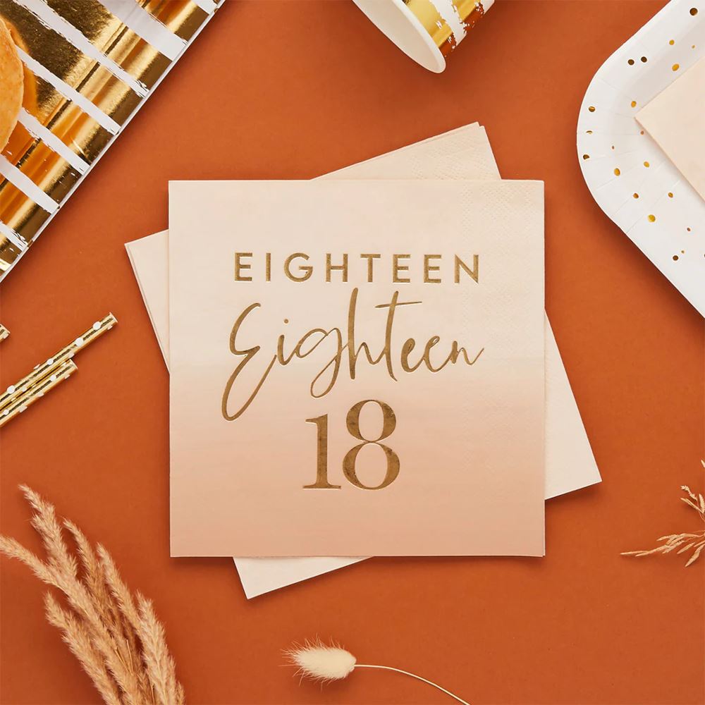 gold-foil-eighteen-18th-birthday-peach-ombre-napkins-x-16|HBMB109|Luck and Luck| 1