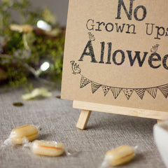 wedding-sign-kraft-brown-kids-corner-no-grown-ups-allowed-sign-and-easel|LLSTKMAMKC|Luck and Luck|2