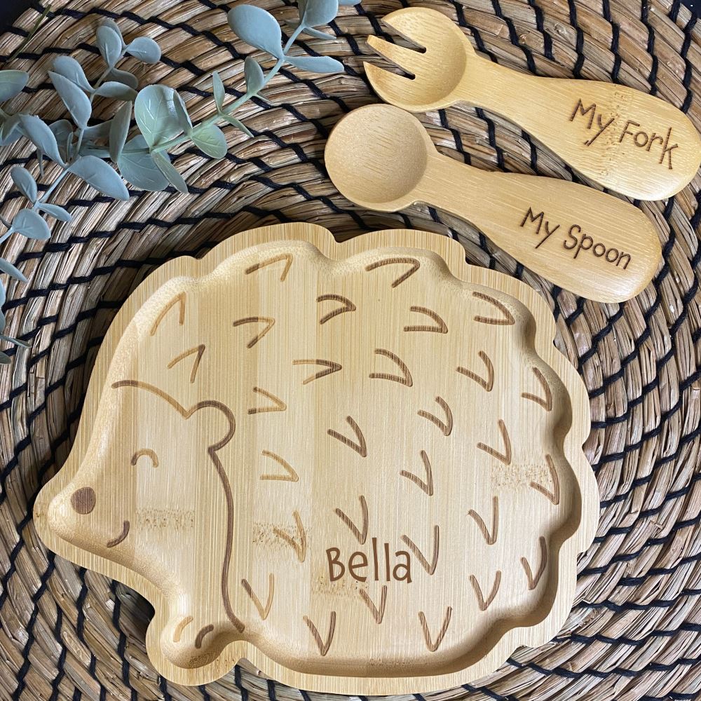 personalised-hedgehog-bamboo-plate-spoon-and-fork-childrens-set|LLWWJQY029SF|Luck and Luck| 1