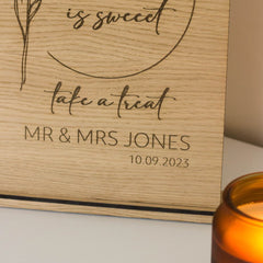 personalised-oak-veneer-wreath-wooden-sign-love-is-sweet-wedding|LLWWSTMWREATHLISNAMEO|Luck and Luck|2