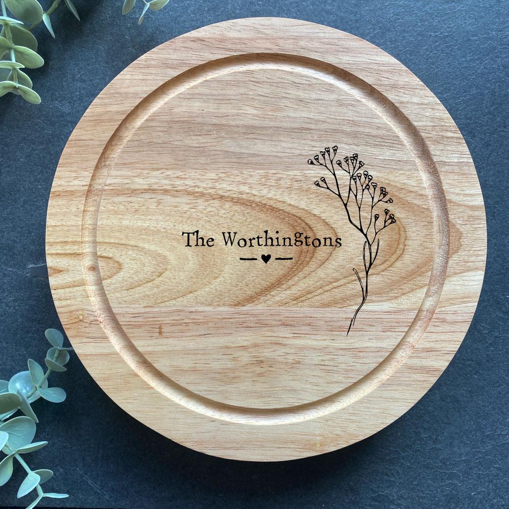 personalised-round-wooden-cheese-board-flower-design-gift|LLWW3105D1|Luck and Luck| 1