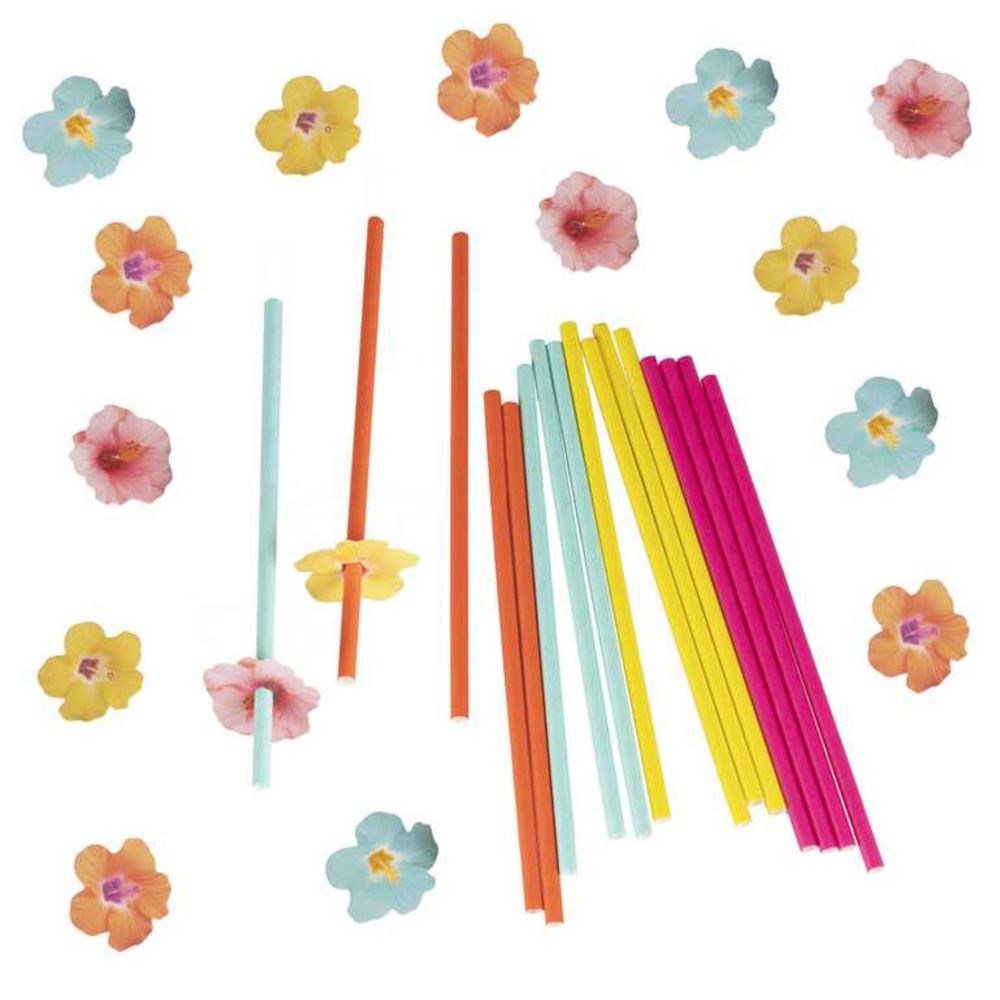 hawaiian-paper-party-straws-with-flower-toppers-x-16|TI-112|Luck and Luck|2