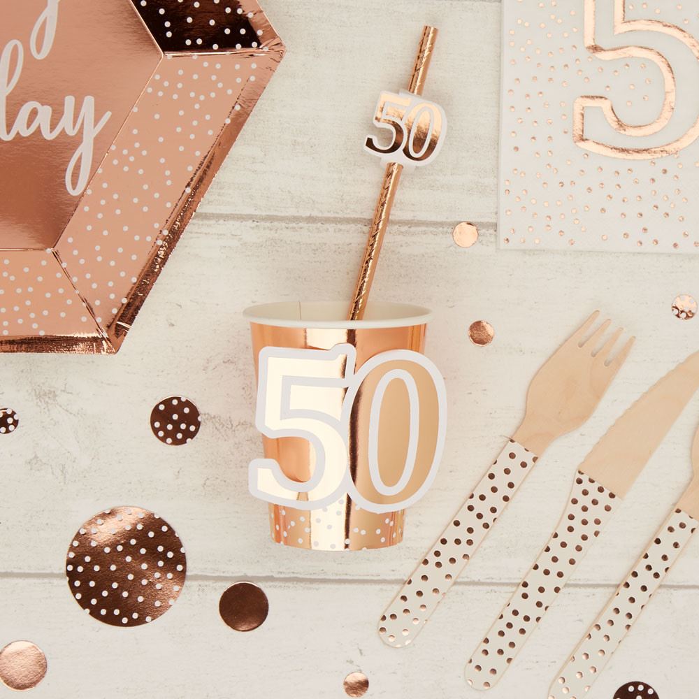 rose-gold-50th-birthday-party-paper-cups-x-8|778074|Luck and Luck| 1