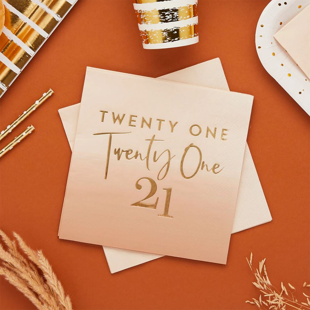gold-foil-twenty-one-21st-birthday-peach-ombre-napkins-x-16|HBMB110|Luck and Luck| 1