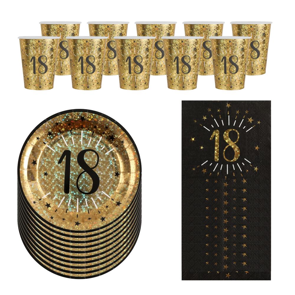 black-and-gold-age-18-party-pack-cups-plates-and-napkins|LLBLCKGOLD18PP|Luck and Luck| 1