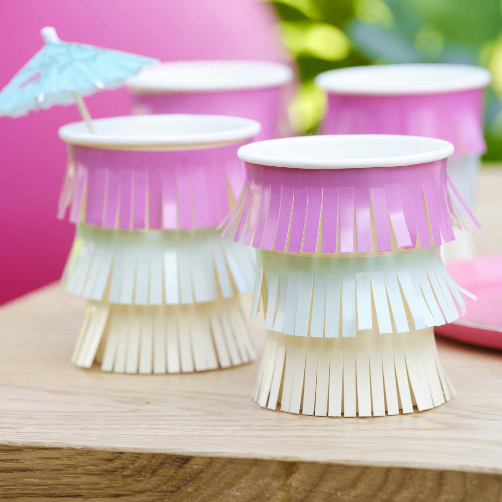 tassel-fringe-paper-cups-with-flower-topper-x-8-tropical-party|TI-105|Luck and Luck| 1