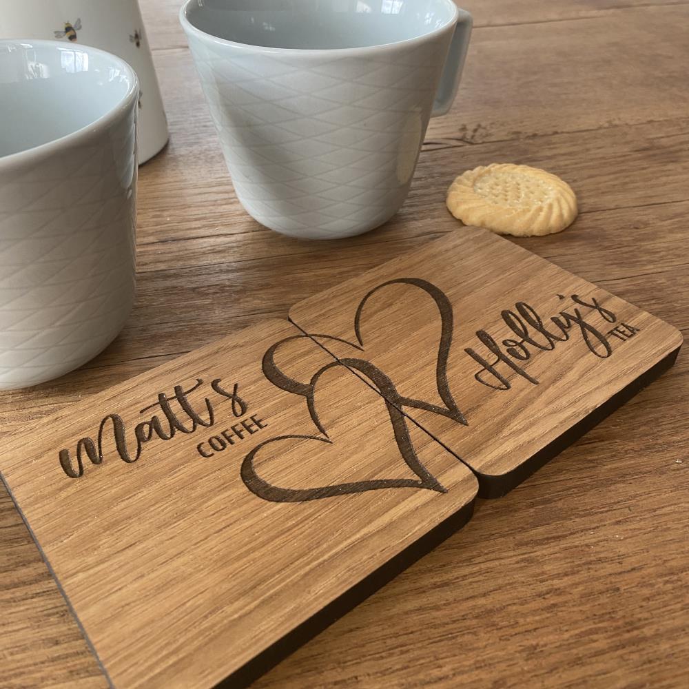wooden-oak-veneer-personalised-heart-coasters-set-of-2-keepsake-gift|LLWWHEARTCOASTERX2|Luck and Luck| 1