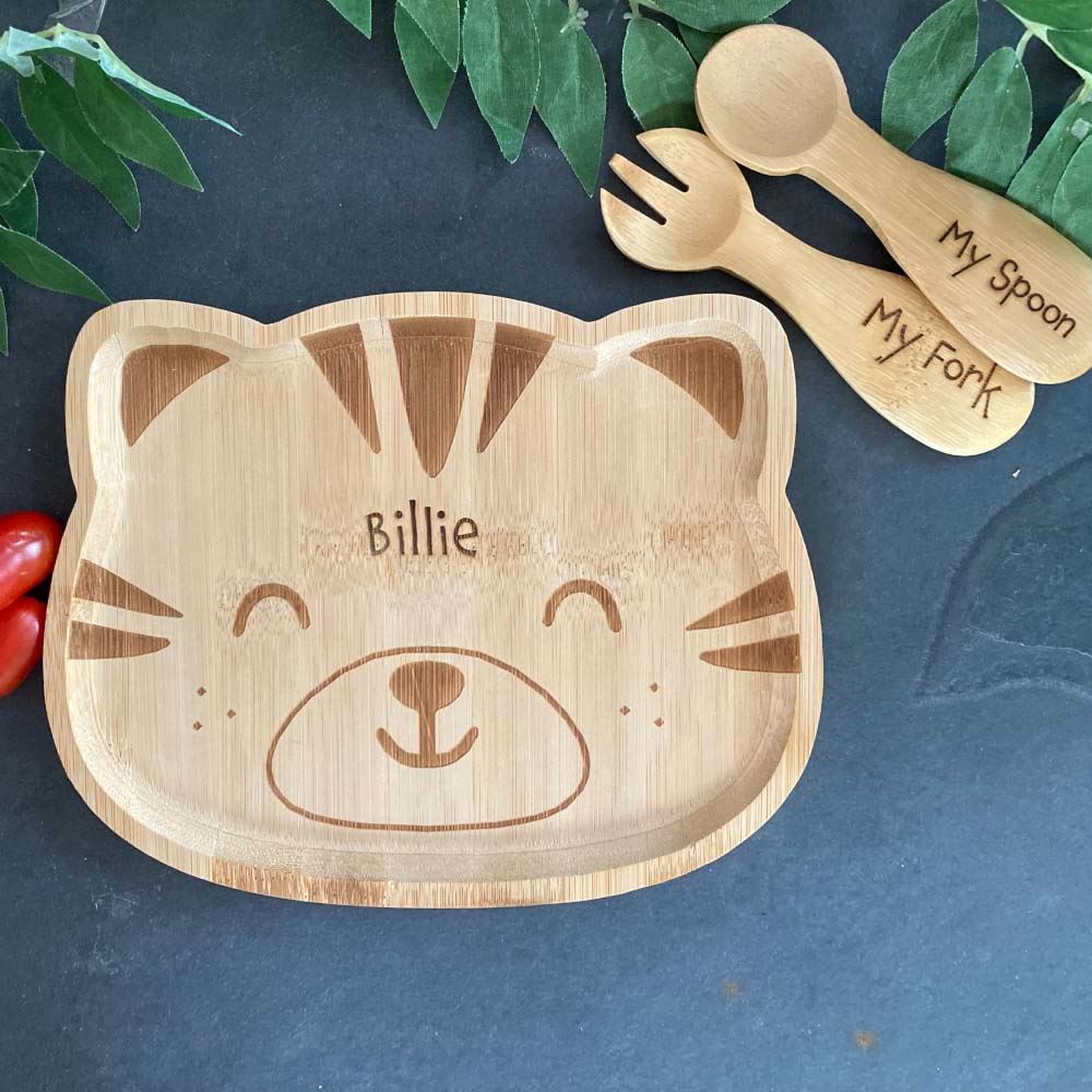 personalised-childrens-tiger-bamboo-plate-spoon-and-fork-set|LLWWJQY003SF|Luck and Luck| 1