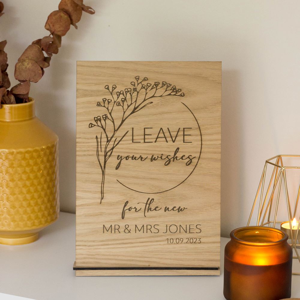 personalised-oak-veneer-wreath-wooden-sign-leave-your-wishes-wedding|LLWWSTMWREATHLYWNAMEO|Luck and Luck| 1