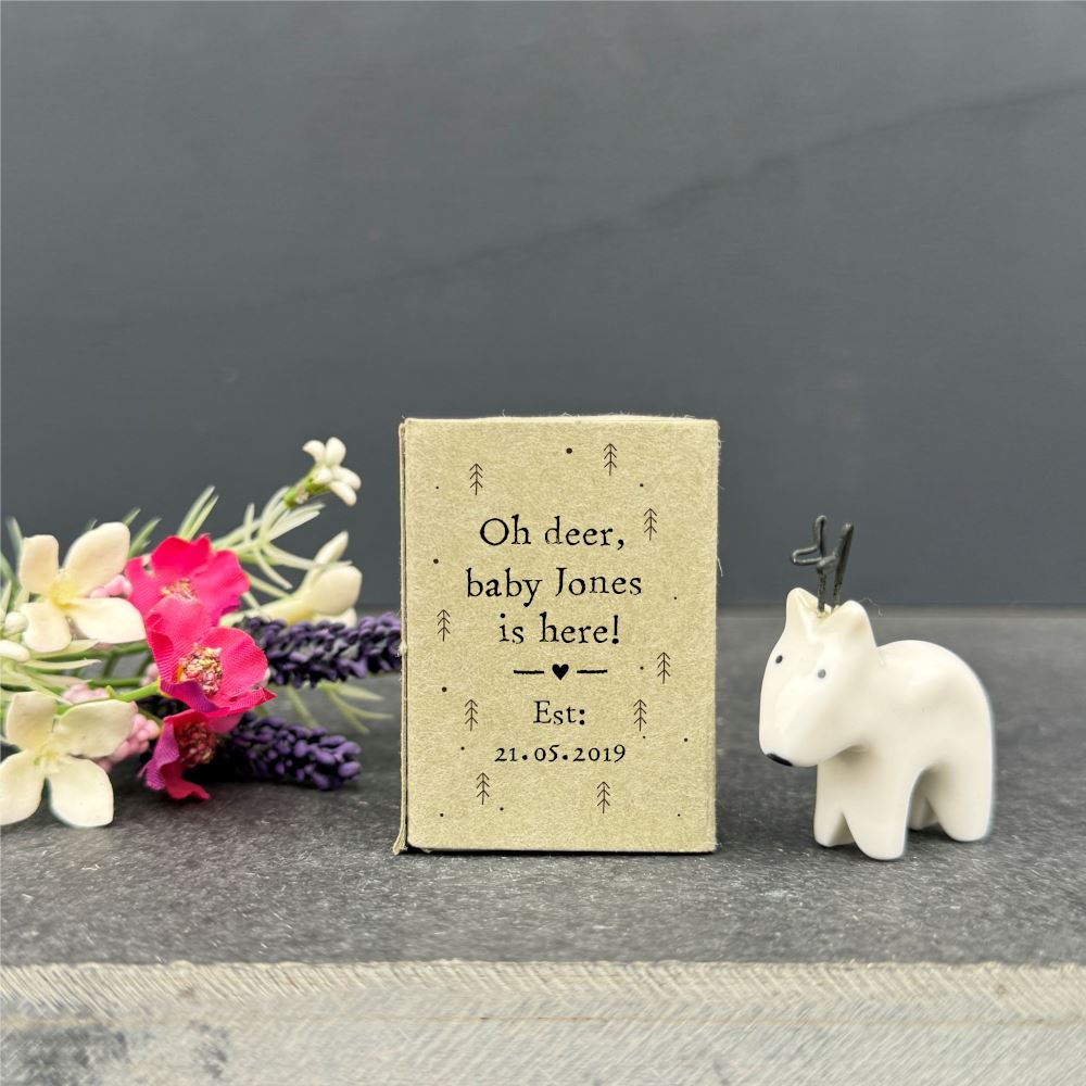 porcelain-christmas-reindeer-with-personalised-matchbox-baby-is-here|LLUV5645V3|Luck and Luck| 1