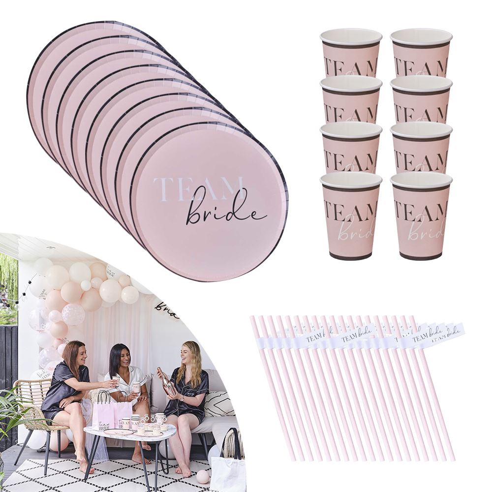 team-bride-hen-party-pack-for-8-cups-plates-straws|LLTEAMBRIDEPP|Luck and Luck| 1