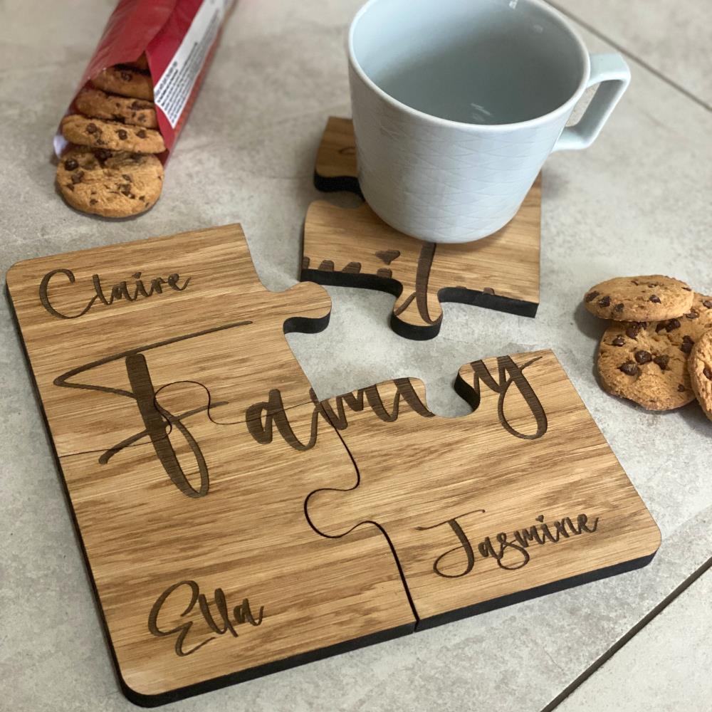 wooden-oak-personalised-family-jigsaw-coasters-gift-set-of-4|LLWWJIGSAWFAMCOASTER|Luck and Luck|2