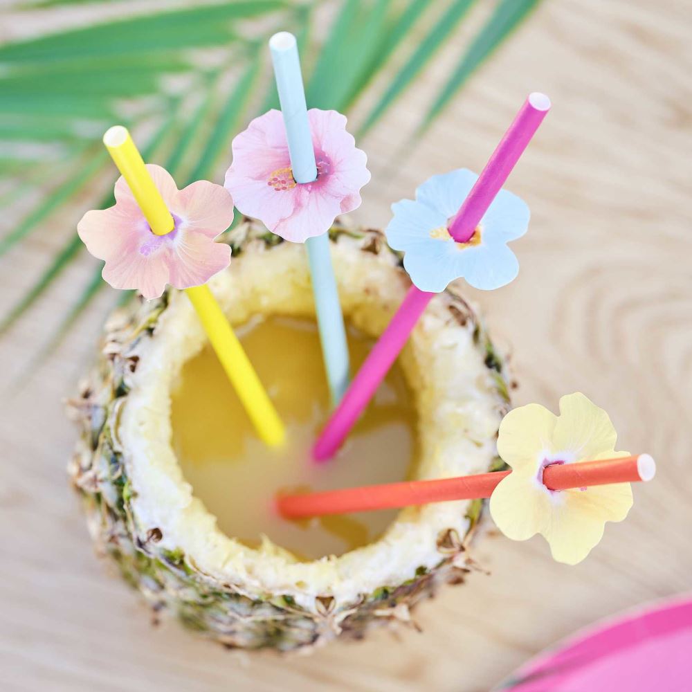 hawaiian-paper-party-straws-with-flower-toppers-x-16|TI-112|Luck and Luck| 1