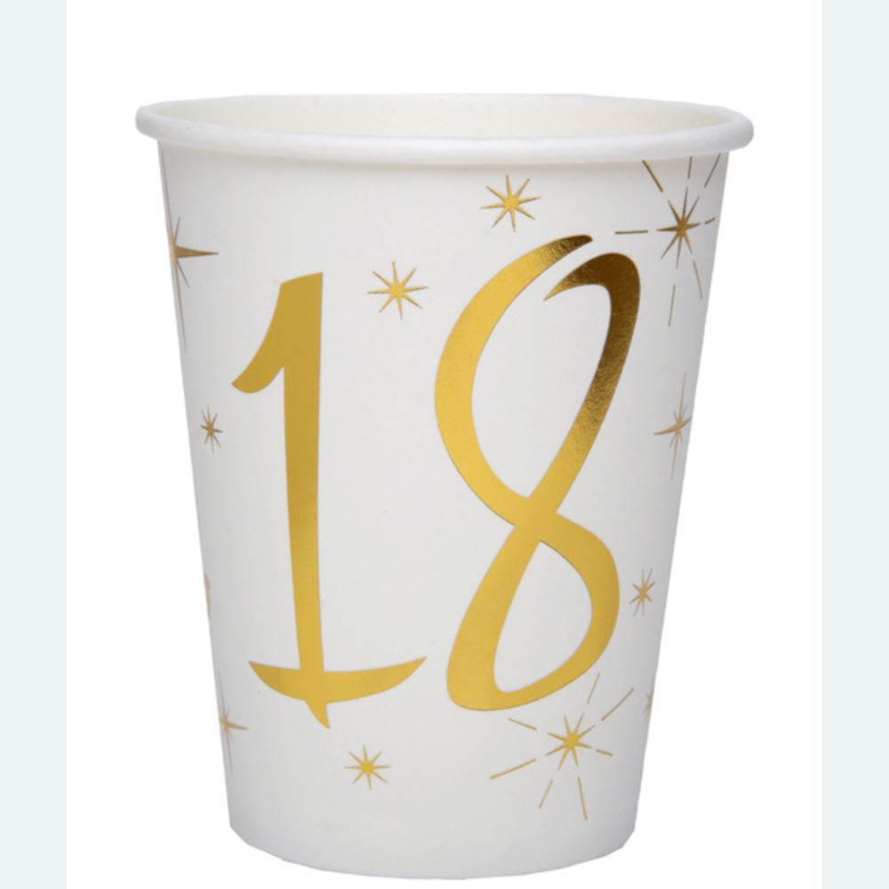 age-18-white-and-gold-paper-party-cups-x-10-18th-birthday|615700000018|Luck and Luck|2