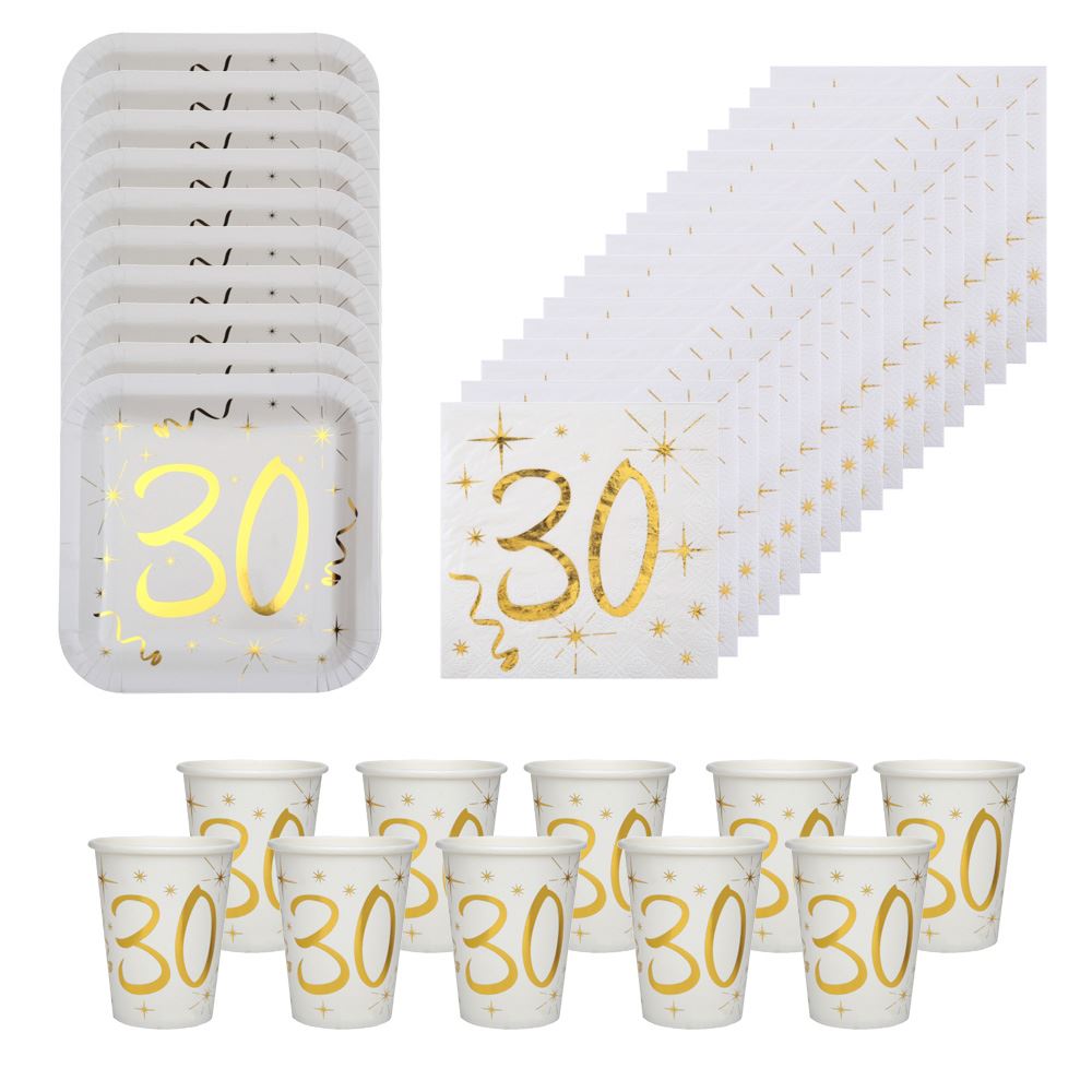 white-and-gold-30th-party-pack-with-plates-napkins-and-cups|LLGOLD30PP|Luck and Luck| 1