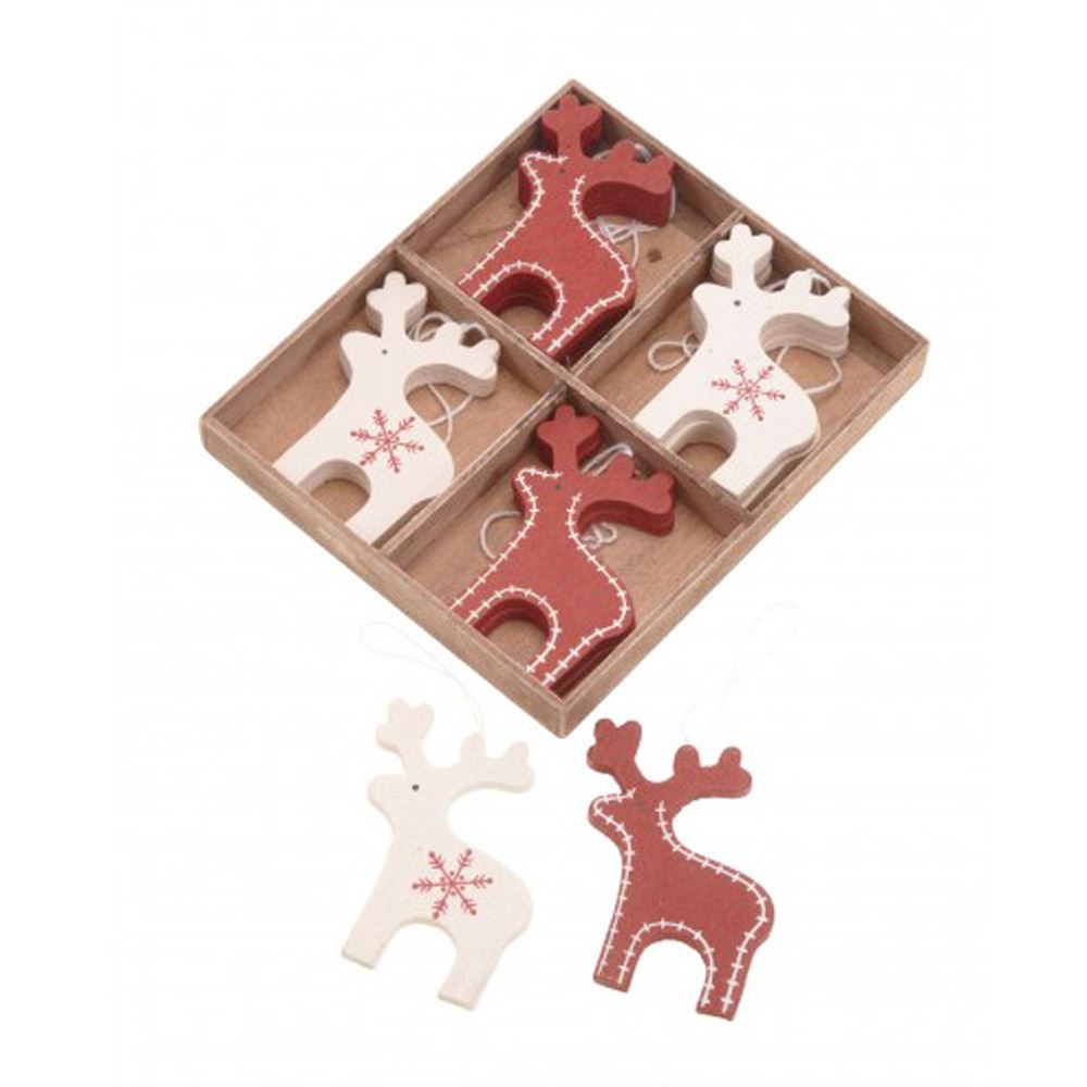 christmas-reindeer-tree-decorations-x-12-wooden-red-and-cream-deer|XX510|Luck and Luck|2