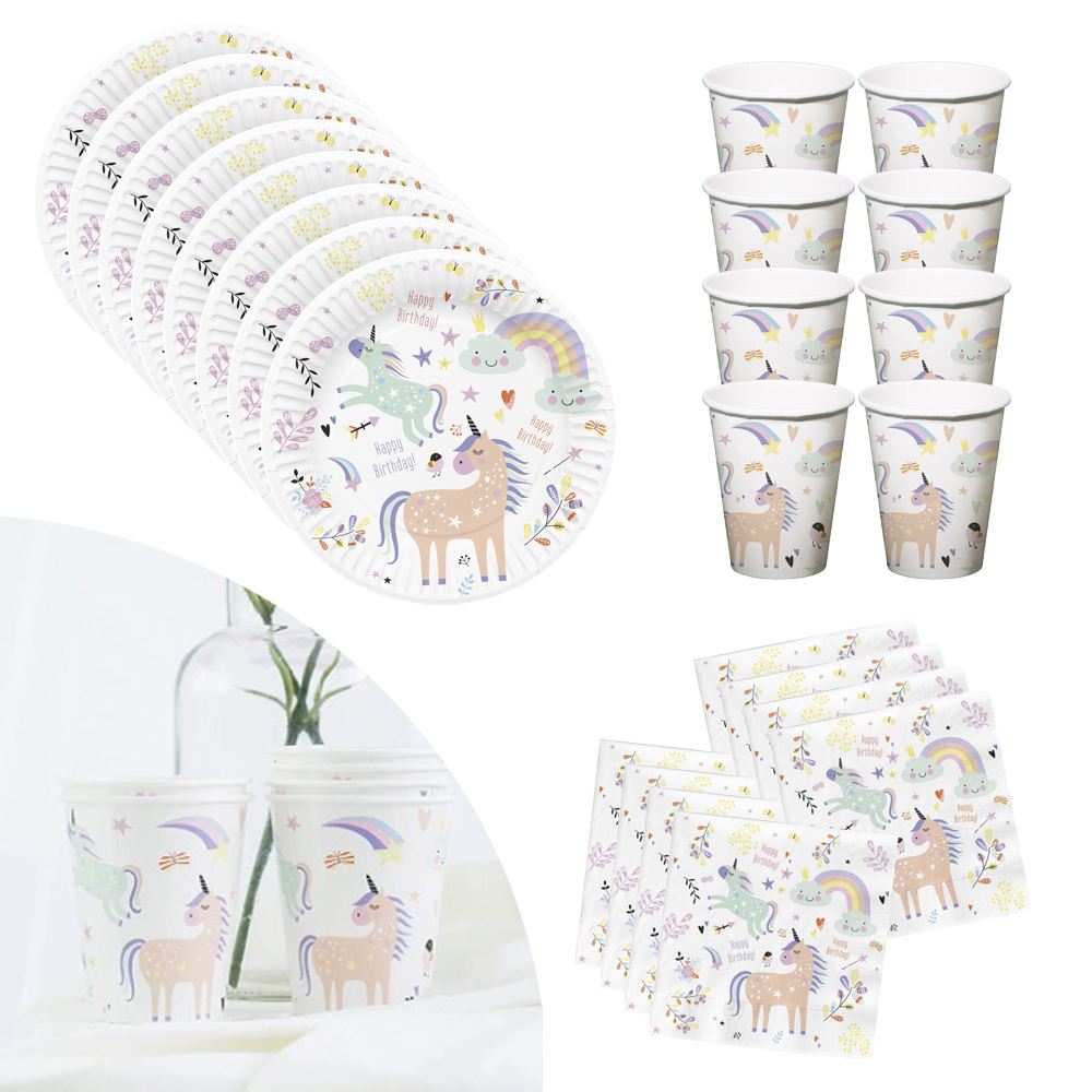 unicorn-and-rainbow-childrens-party-pack-for-6-plates-cups-napkins|LLUNICORNPP|Luck and Luck| 1