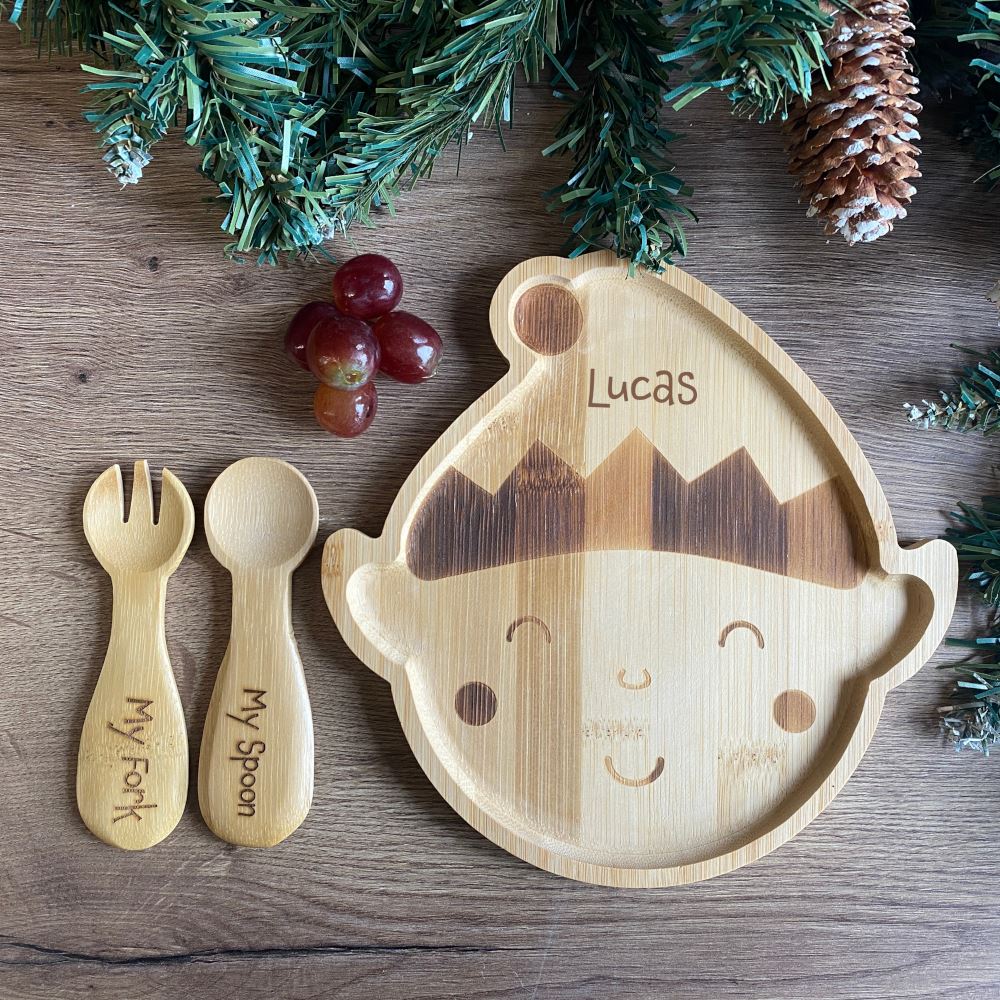 personalised-christmas-elf-bamboo-plate-spoon-fork-childrens-gift|LLWWJQYXM005SF|Luck and Luck| 1