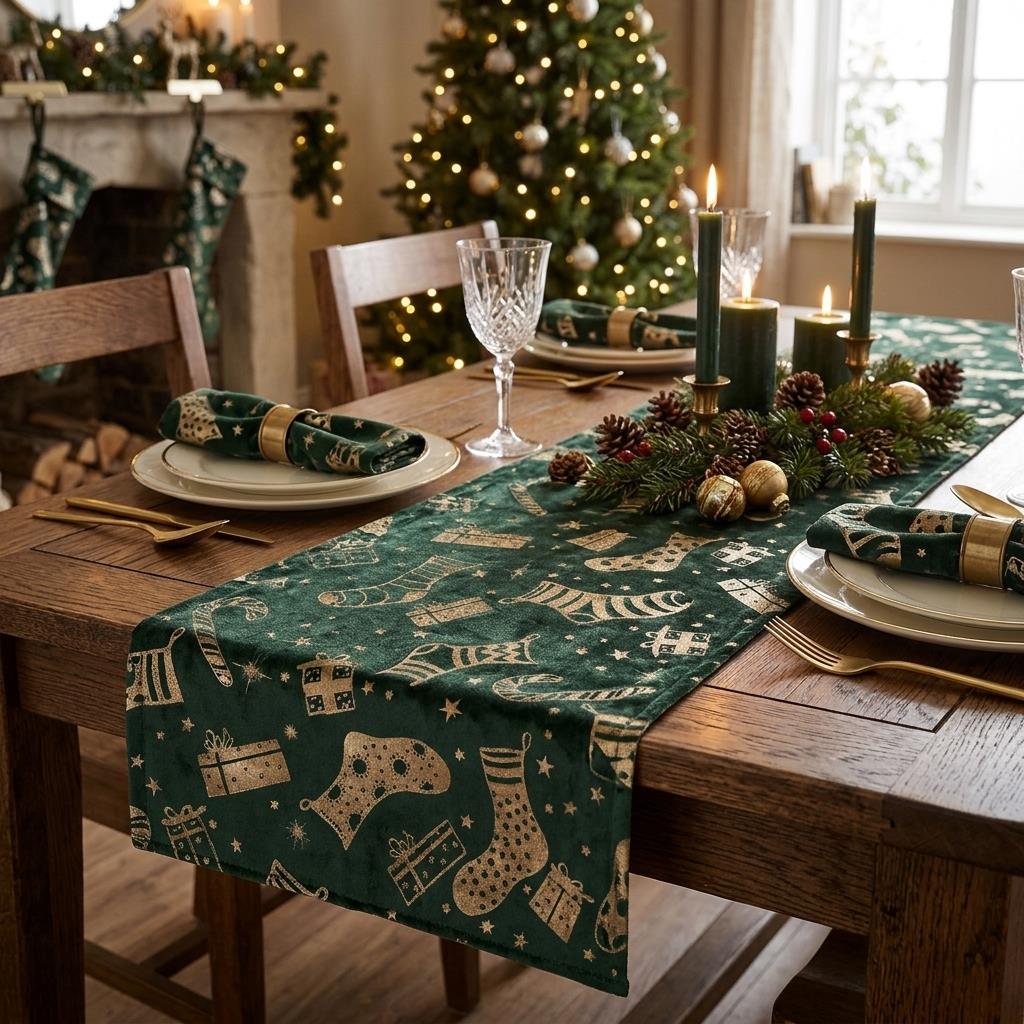 Green Gold Christmas Stocking Velvet Table Runner 3m for Festive Dining Tables