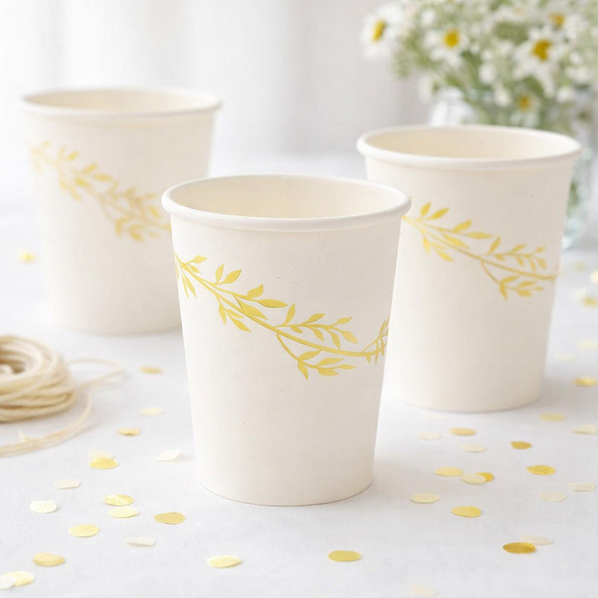 White Paper Cups with Gold Leaf Design for Weddings and Parties (Pack of 8, 7.5 cm)