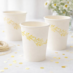 White Paper Cups with Gold Leaf Design for Weddings and Parties (Pack of 8, 7.5 cm)