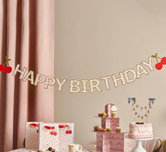 Rococo Cherries Happy Birthday Paper Banner, Pink Red Party Garland 2.5 m